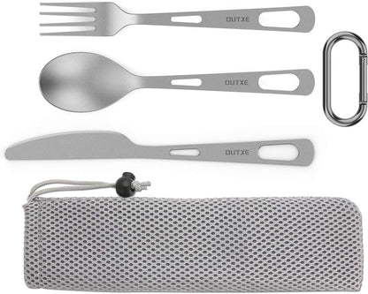 OUTXE Titanium Flatware Knife Fork Spoon Set Lightweight Ti Camping Utility Cutlery Set with Carrying Bag for Traveling Picnic Hiking | with Carrying Bag for Traveling Picnic Hiking