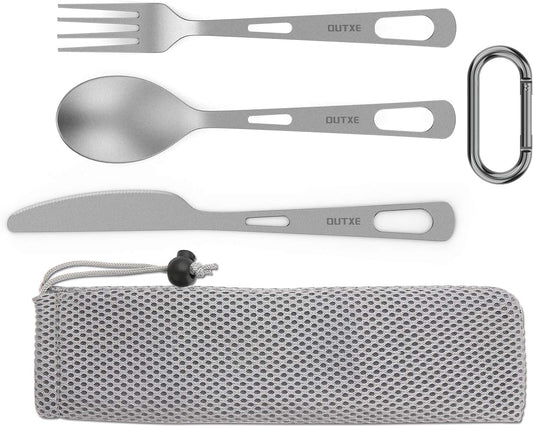 OUTXE Titanium Flatware Knife Fork Spoon Set Lightweight Ti Camping Utility Cutlery Set with Carrying Bag for Traveling Picnic Hiking | with Carrying Bag for Traveling Picnic Hiking