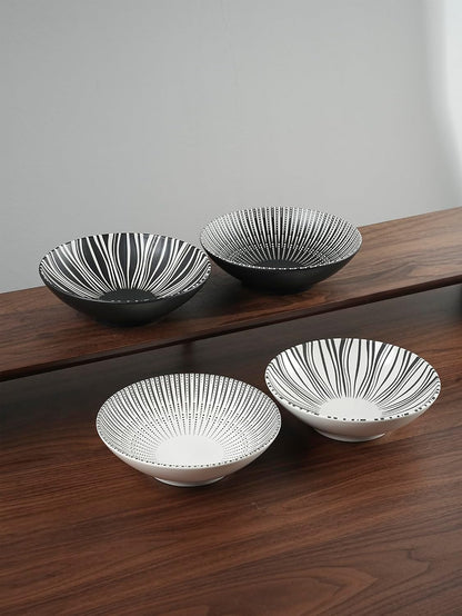 8 Inch Ceramic Bowl Set of 2, Classic Black and White Pasta Bowl,Salad Bowls,Fruit bowl with Embossed Textured Interior, Microwave & Dishwasher Safe, for Ramen, Udon, Pho, Cereal, Serving(Black-Dots)
