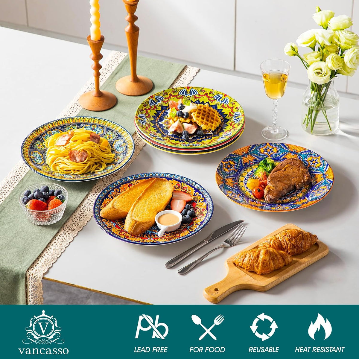 vancasso Colorful Dinner Plates Set of 6, 10.5 Inch Ceramic Kitchen Plates | Boho Dinner Plates Set, Bohemian Printed Dishes for Dining, Microwave & Dishwasher Safe Plate Set, Series KRVI