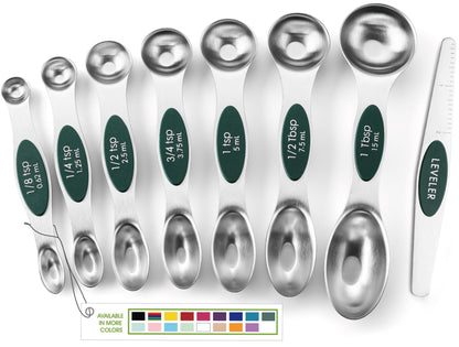 Spring Chef Stainless Steel Magnetic Measuring Spoons Set of 8, Black | Dual Sided Metal Teaspoon & Tablespoon Measuring Spoons with Leveler for Dry & Liquid Ingredients, Nesting, Dishwasher Safe