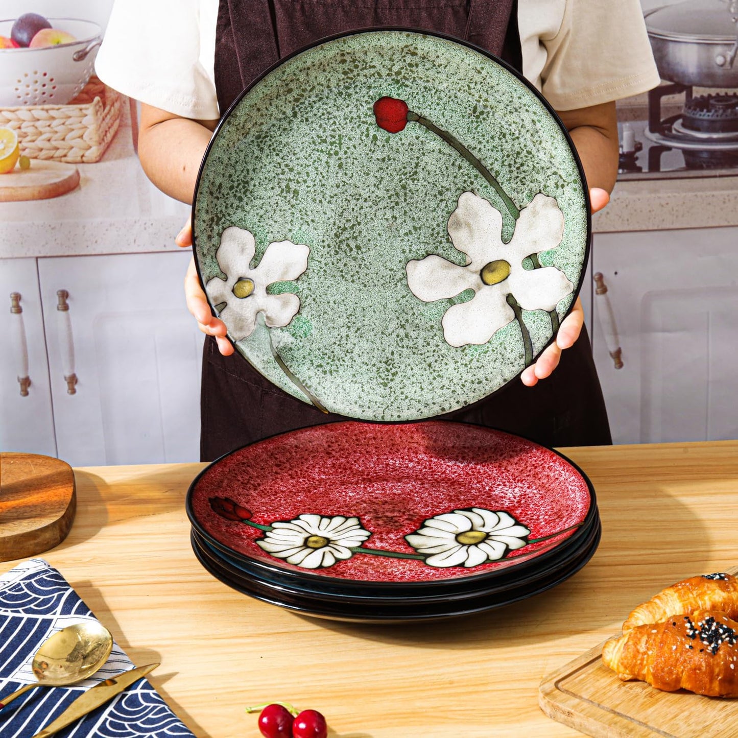 Ceramic Dinner Plates Set of 4, 11 Inch Underglaze Painting Large Porcelain Plates, Salad Plates-Microwave, Oven and Dishwasher Safe, Scratch Resistant