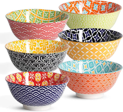 Metahom Ceramic Cereal Bowls, 23 Oz Colorful Soup Bowls, Deep Porcelain Bowl Set for Salad, Dessert, Pasta, Ice Cream,Set of 6