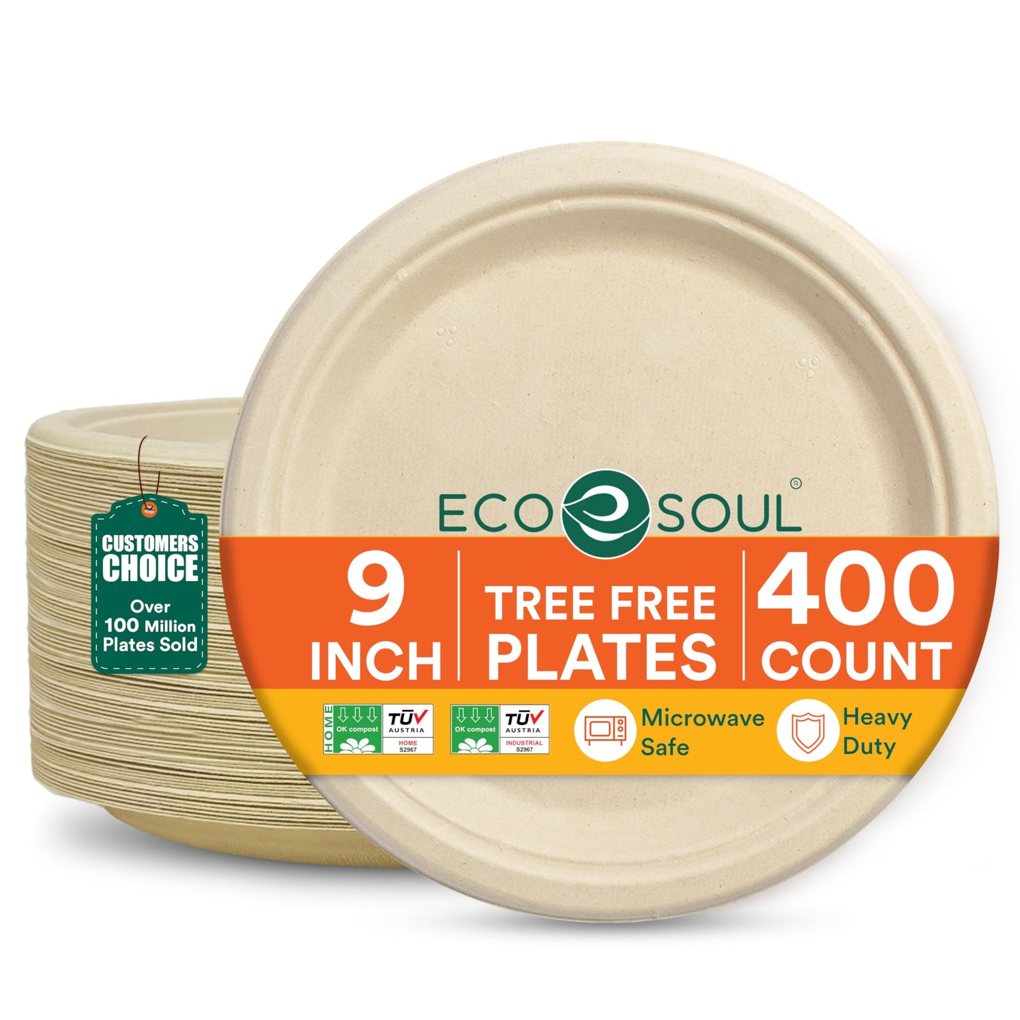 ECO SOUL 9 Inch Disposable Bagasse Paper Plates (100 Pack, Round) | Natural, Compostable, 100% Virgin Bagasse Pulp, Heavy Duty, Biodegradable, Microwave Safe, Food Safe, Eco-Friendly