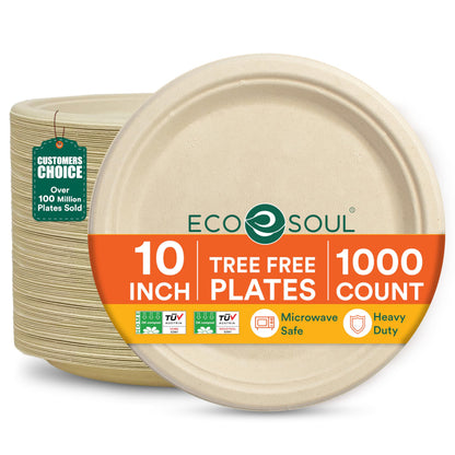 ECO SOUL 9 Inch Disposable Bagasse Paper Plates (100 Pack, Round) | Natural, Compostable, 100% Virgin Bagasse Pulp, Heavy Duty, Biodegradable, Microwave Safe, Food Safe, Eco-Friendly