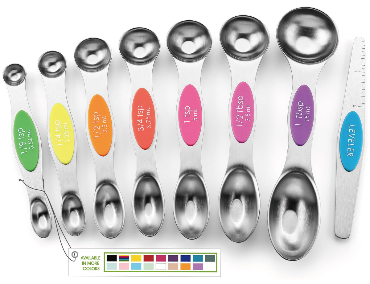 Spring Chef Magnetic Measuring Spoons Set of 8 for Kitchen, Multicolor | Stainless Steel Teaspoon & Tablespoon Measuring Spoons with Leveler for Dry & Liquid Ingredients, Dual Sided, Dishwasher Safe