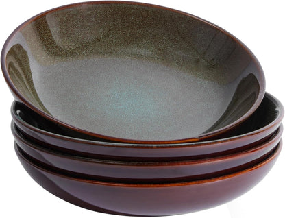 8.75 Inch Large Ceramic Pasta Bowls, 32 Oz Reactive Glaze Stoneware Pasta Serving Bowls Set of 4 for Kitchen, Wide Bowls for Fruit,Pasta,Salad,Soup, Scratch Resistant-Brown and Green