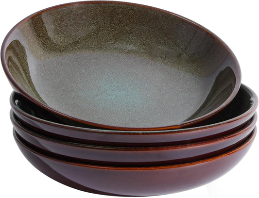 8.75 Inch Large Ceramic Pasta Bowls, 32 Oz Reactive Glaze Stoneware Pasta Serving Bowls Set of 4 for Kitchen, Wide Bowls for Fruit,Pasta,Salad,Soup, Scratch Resistant-Brown and Green