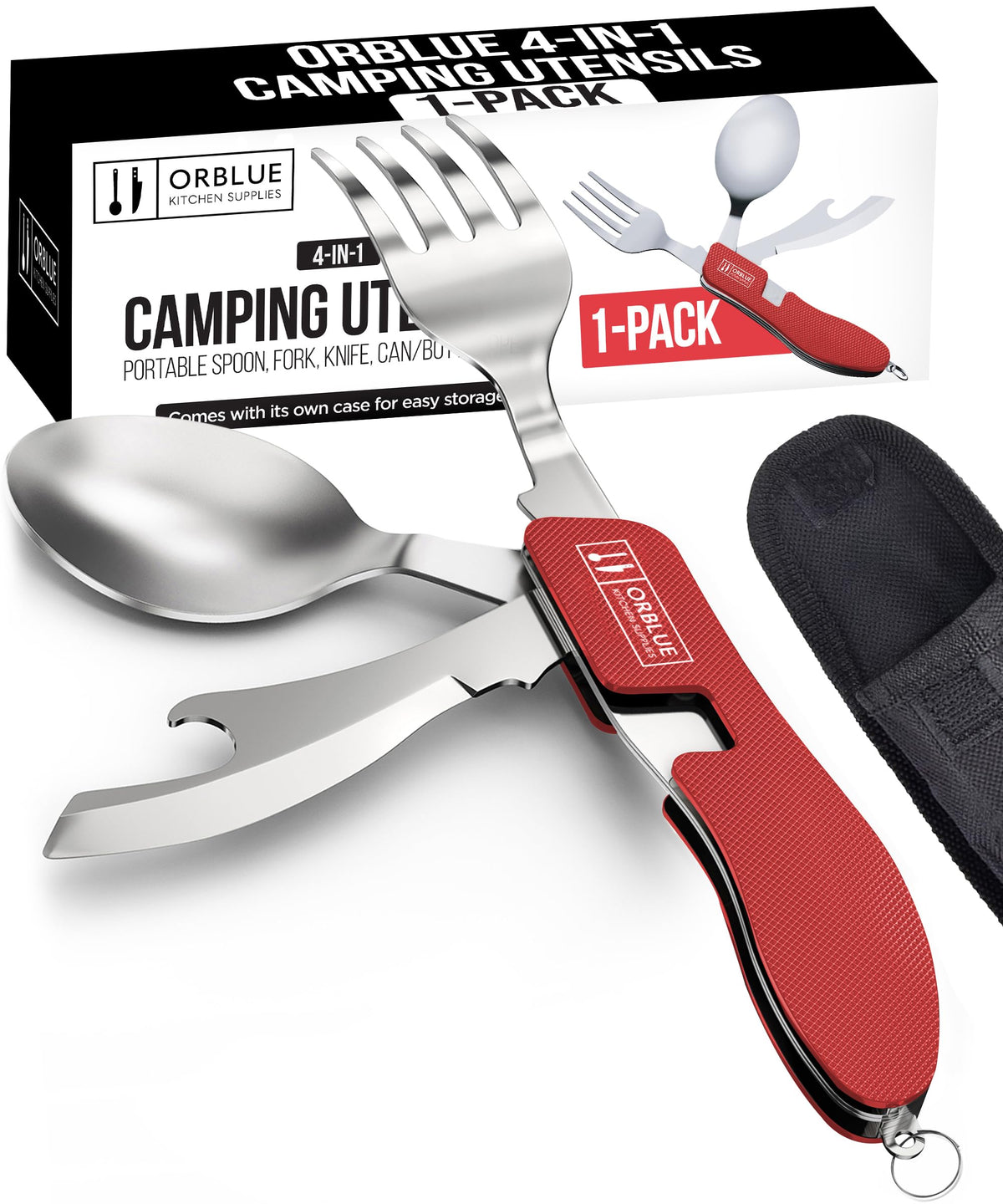 Orblue 4-in-1 Camping Utensils, 1-Pack, Portable Stainless Steel Spoon, Fork, Knife & Bottle Opener Combo Set - Travel, Backpacking Cutlery Multitool Olive Green