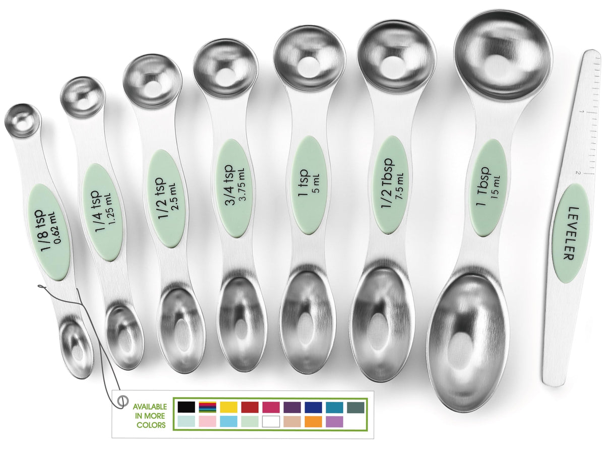 Spring Chef Stainless Steel Magnetic Measuring Spoons Set of 8, Black | Dual Sided Metal Teaspoon & Tablespoon Measuring Spoons with Leveler for Dry & Liquid Ingredients, Nesting, Dishwasher Safe