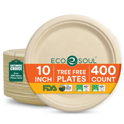 ECO SOUL 9 Inch Disposable Bagasse Paper Plates (100 Pack, Round) | Natural, Compostable, 100% Virgin Bagasse Pulp, Heavy Duty, Biodegradable, Microwave Safe, Food Safe, Eco-Friendly