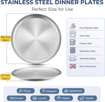 Homikit 6 Pack Stainless Steel Plate Set, 10.2 Inch Metal Dinner Plates for Kids Children Adult, Round Camping Plates for Serving Dishes Dessert Salad, Reusable & Unbreakable, Dishwasher Safe