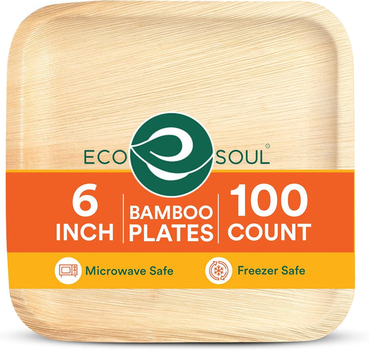 ECO SOUL 6 Inch Disposable Bamboo Plates (100 Pack, Square) | Premium, Natural, Food-Safe, Heavy Duty, Compostable, Eco-Friendly, Biodegradable, Best For Events, Parties, Weddings, BBQs