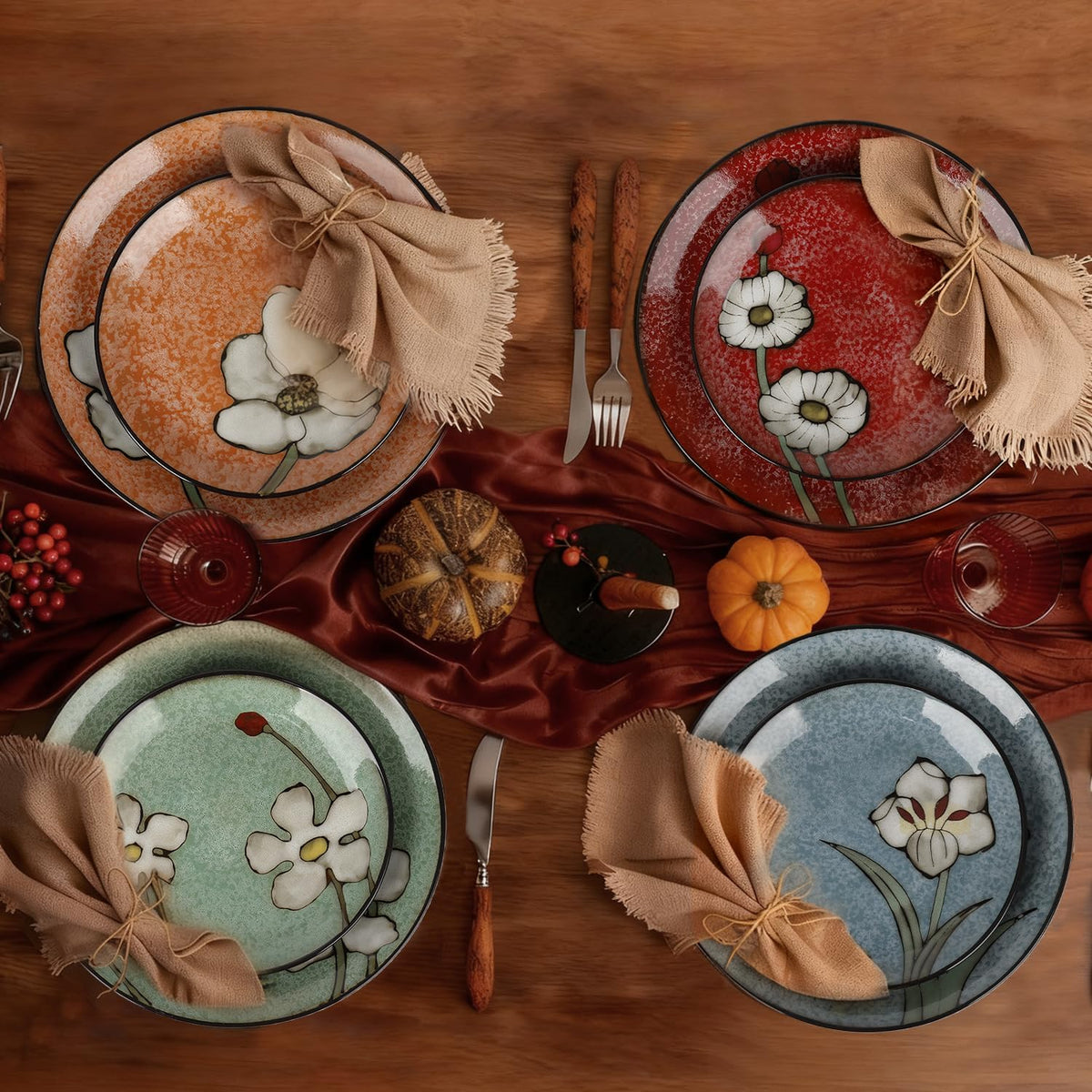 Ceramic Dinner Plates Set of 4, 11 Inch Underglaze Painting Large Porcelain Plates, Salad Plates-Microwave, Oven and Dishwasher Safe, Scratch Resistant