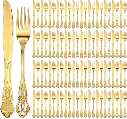 100 Pcs Forks and Knives Cutlery Set Stainless Steel Steak Knives Forks Flatware Royal Silverware Set for Wedding Party Restaurant Dishwasher Safe (Gold)