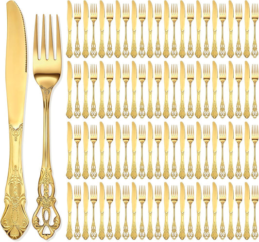 100 Pcs Forks and Knives Cutlery Set Stainless Steel Steak Knives Forks Flatware Royal Silverware Set for Wedding Party Restaurant Dishwasher Safe (Gold)