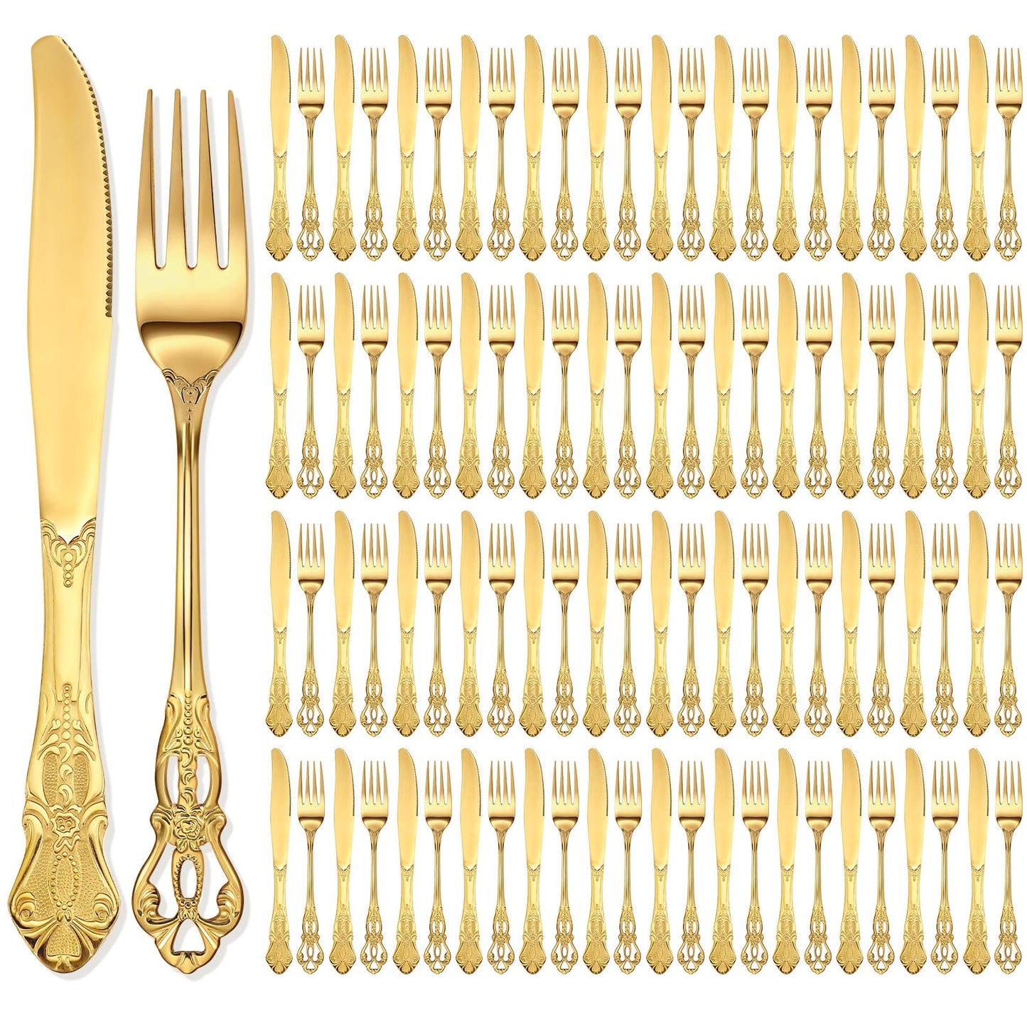 100 Pcs Forks and Knives Cutlery Set Stainless Steel Steak Knives Forks Flatware Royal Silverware Set for Wedding Party Restaurant Dishwasher Safe (Gold)