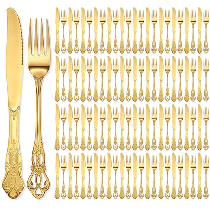 100 Pcs Forks and Knives Cutlery Set Stainless Steel Steak Knives Forks Flatware Royal Silverware Set for Wedding Party Restaurant Dishwasher Safe (Gold)
