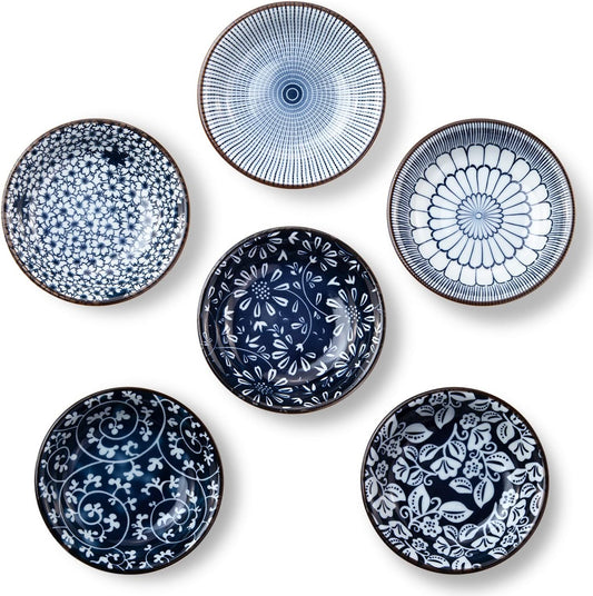 Eisinly 6 Pack Dipping Bowls,3 OZ Small Ceramic Soy Sauce Dish,Vintage Blue | 4 Inch, Blue-white Glaze, Shiny, Safe, Dishwasher Safe, for Seasonings, Sushi & BBQ