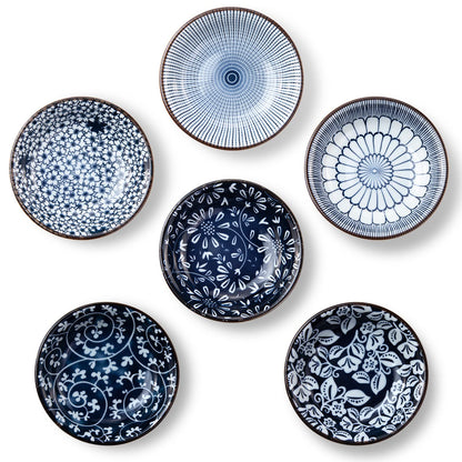 Eisinly 6 Pack Dipping Bowls,3 OZ Small Ceramic Soy Sauce Dish,Vintage Blue | 4 Inch, Blue-white Glaze, Shiny, Safe, Dishwasher Safe, for Seasonings, Sushi & BBQ