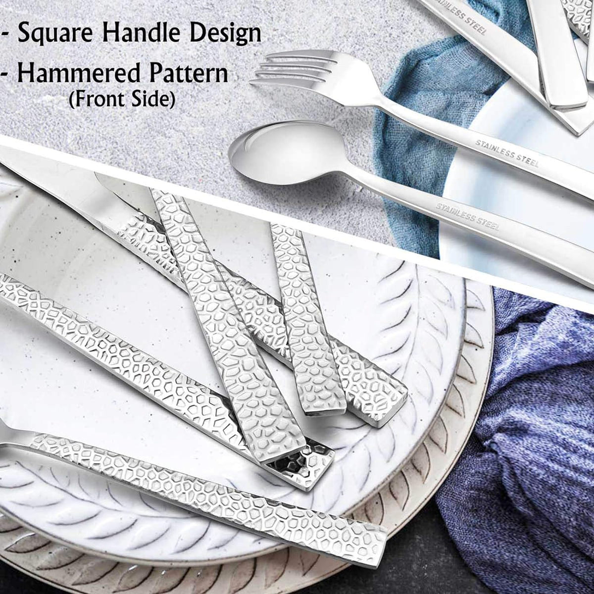E-far Hammered Silverware Set for 8, 40 Pcs Stainless Steel Flatware Set | Includes Forks/Spoons/Dinner Knives, Cutlery Set for Home, Party, Wedding, Mirror Polished & Dishwasher Safe