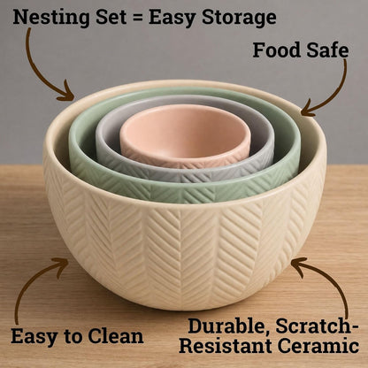 Ceramic Mixing Bowls Set of 4 pcs, Colorful Nesting Bowls 5, 3, 1, 0.5 Qt | Thick, Durable, Scratch Resistant Ceramic, Nesting Set of 4, Dishwasher, Freezer, Microwave, and Oven Safe, Wide Stable Base