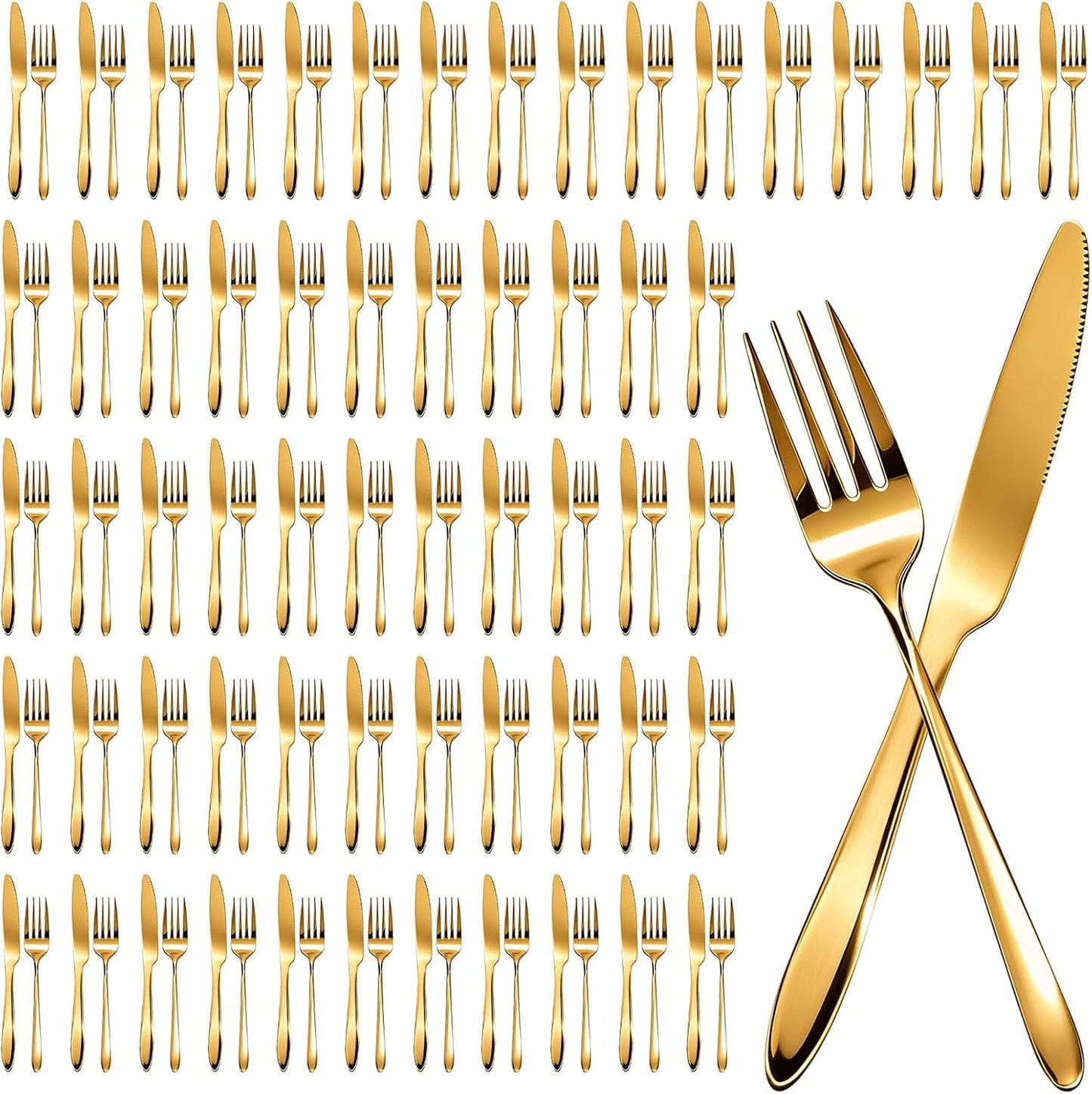 150 Pcs Stainless Steel Set Include 75 Dinner Forks and 75 Steak Knives Metal Butter Knives Forks Flatware Tableware Cutlery Set for Home Restaurant Wedding Parties Kitchen Gold