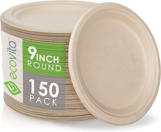 100% Compostable Paper Plates [9 in.] – 150 Disposable Plates Eco Friendly Sturdy Tree Free Liquid and Heat Resistant Alternative to Plastic or Paper Plates