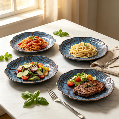HVH 8 inch Large Pasta Bowls Set of 4, 40oz Wide Shallow Salad Bowls, Reactive Glaze Ceramic Dinner Serving Bowls Set for Ramen, Microwave & Dishwasher Safe, Corn Poppy Series (Reactive Darkblue)