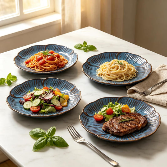 HVH 8 inch Large Pasta Bowls Set of 4, 40oz Wide Shallow Salad Bowls, Reactive Glaze Ceramic Dinner Serving Bowls Set for Ramen, Microwave & Dishwasher Safe, Corn Poppy Series (Reactive Darkblue)