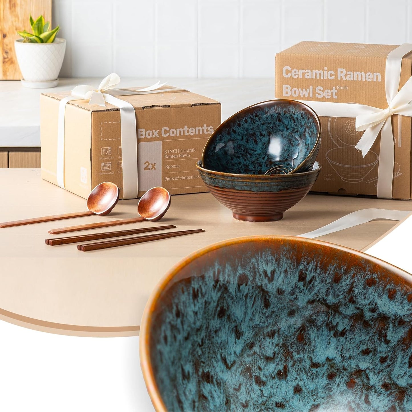 8 Inch Ceramic Ramen Bowl Set of 2, 40oz Japanese Bowls with Spoons & Chopsticks,Durable,Microwave & Dishwasher Safe,Perfect for Ramen,Pho,Salad,Soup,Noodles，Mixing bowls（Verdigris Green）