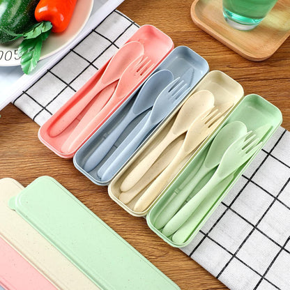 Jinei Reusable Travel Utensils Set Wheat Straw with Case,Bright | Portable Cutlery for Kids Adults, Eco-friendly Flatware for Camping Lunch School, 3-piece Spoon Fork Knife, Storage Case
