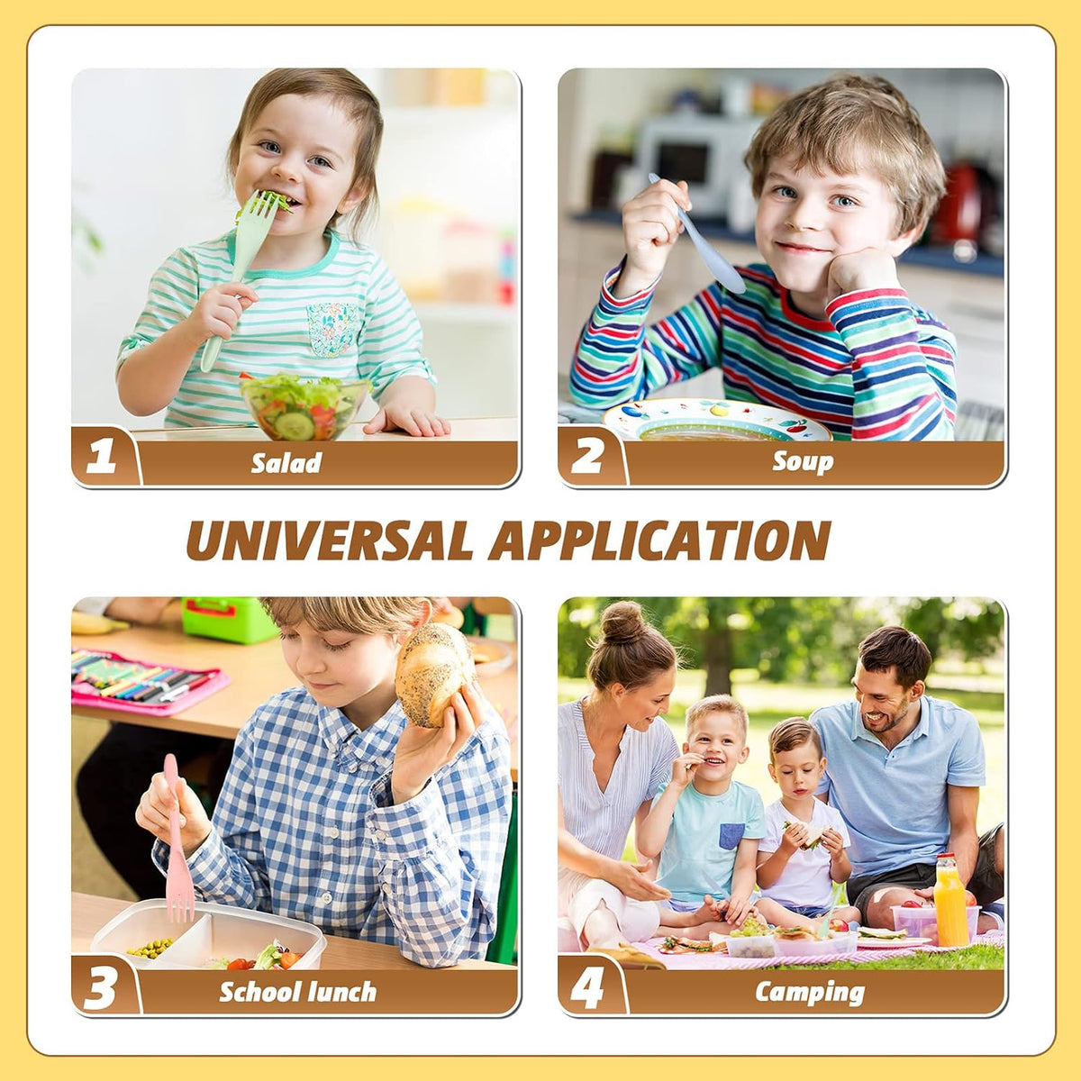 Jinei Reusable Travel Utensils Set Wheat Straw with Case,Bright | Portable Cutlery for Kids Adults, Eco-friendly Flatware for Camping Lunch School, 3-piece Spoon Fork Knife, Storage Case