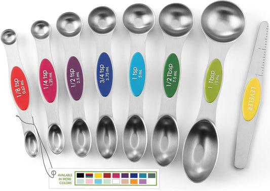 Spring Chef Magnetic Measuring Spoons Set of 8 for Kitchen, Multicolor | Stainless Steel Teaspoon & Tablespoon Measuring Spoons with Leveler for Dry & Liquid Ingredients, Dual Sided, Dishwasher Safe