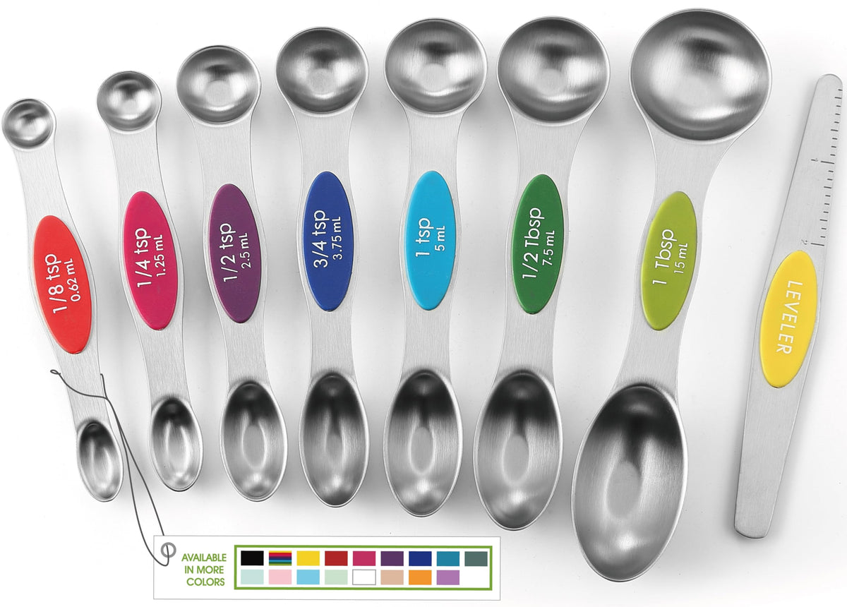 Spring Chef Stainless Steel Magnetic Measuring Spoons Set of 8, Black | Dual Sided Metal Teaspoon & Tablespoon Measuring Spoons with Leveler for Dry & Liquid Ingredients, Nesting, Dishwasher Safe