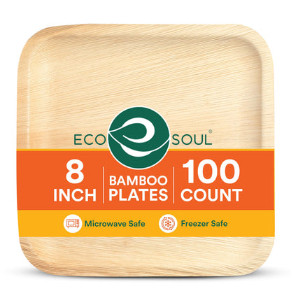 ECO SOUL 6 Inch Disposable Bamboo Plates (100 Pack, Square) | Premium, Natural, Food-Safe, Heavy Duty, Compostable, Eco-Friendly, Biodegradable, Best For Events, Parties, Weddings, BBQs