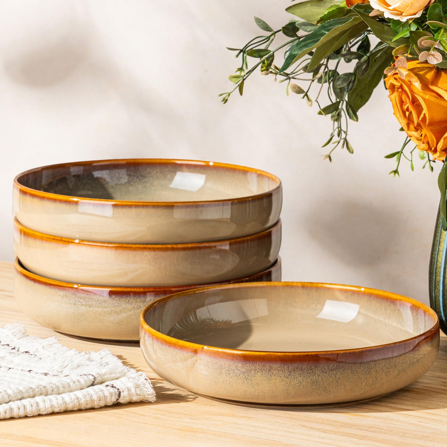 8.5" Ceramic Pasta Bowls Set of 4, Salad Bowls | Versatile Serving Bowls for Pasta, Salad, Fruit & Noodles, Housewarming & Wedding Gift, Mocha Brown