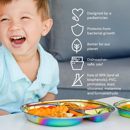Ahimsa Stainless Steel Kids Divided Plate, Rainbow, 1 Plate | Pediatrician Designed, Food Grade Stainless Steel Toddler Plate, Non-Toxic & BPA Free, Dishwasher Safe, Break Resistant