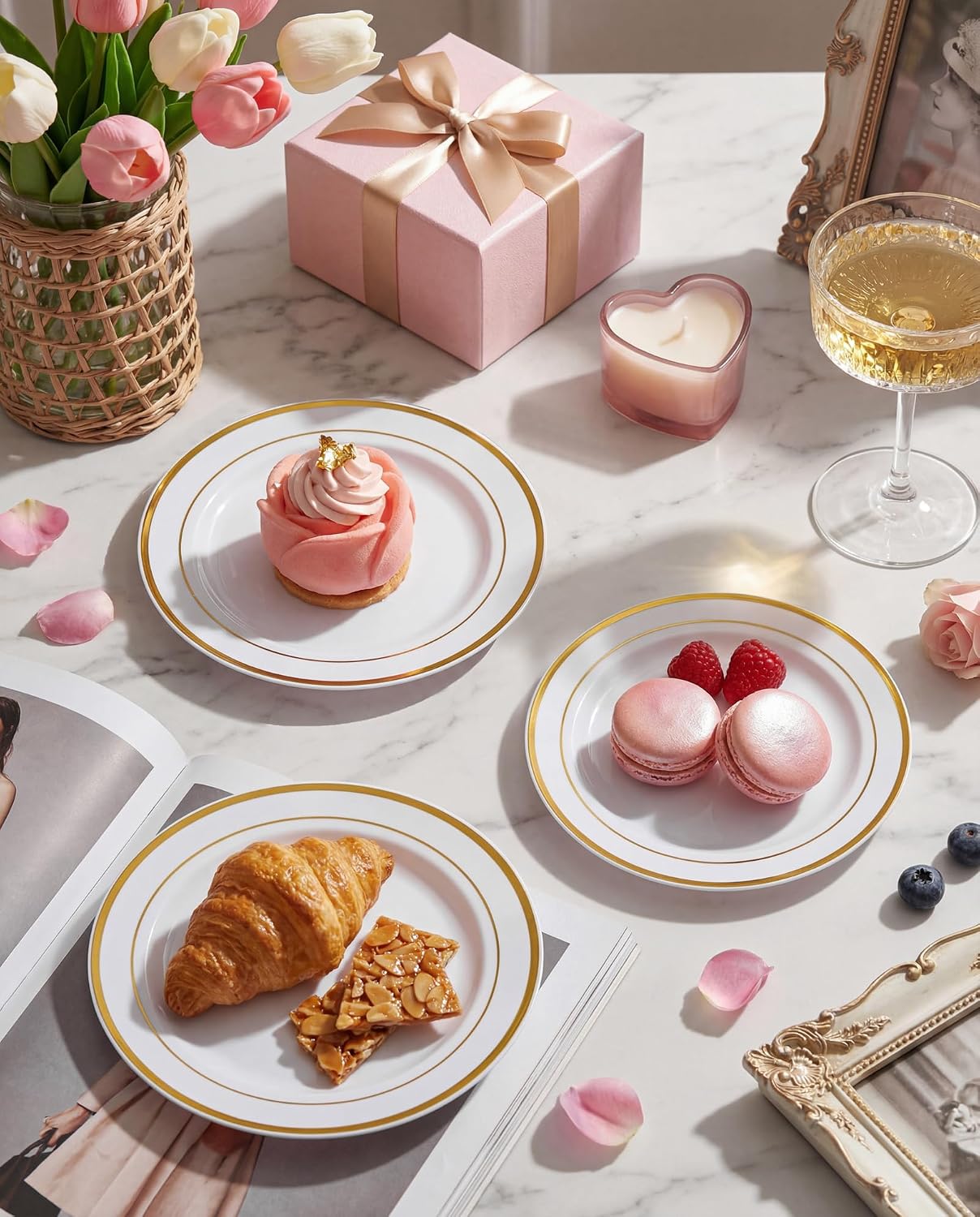 bUCLA 100Pieces Gold Plastic Plates - 6.25inch White with Gold Rim Disposable Salad/Dessert/Appetizer/Small Cake Plates Premium Hard - Ideal for Wedding, Party