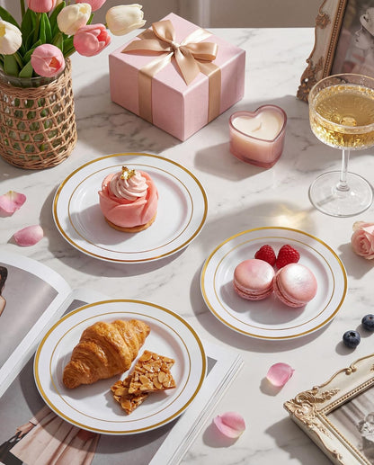 bUCLA 100Pieces Gold Plastic Plates - 6.25inch White with Gold Rim Disposable Salad/Dessert/Appetizer/Small Cake Plates Premium Hard - Ideal for Wedding, Party