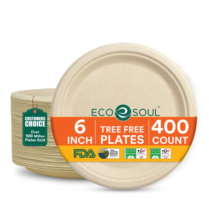 ECO SOUL 9 Inch Disposable Bagasse Paper Plates (100 Pack, Round) | Natural, Compostable, 100% Virgin Bagasse Pulp, Heavy Duty, Biodegradable, Microwave Safe, Food Safe, Eco-Friendly