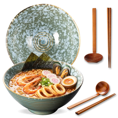 8 Inch Ceramic Ramen Bowl Set of 2, 40oz Japanese Bowls with Spoons & Chopsticks,Durable,Microwave & Dishwasher Safe,Perfect for Ramen,Pho,Salad,Soup,Noodles，Mixing bowls（Verdigris Green）