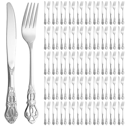 Nuenen 100 Pcs Stainless Steel Forks and Knives, Silver 8.4" 7.1" | Classic Dinner Flatware, Dishwasher Safe for Kitchen Restaurant, Butter Knife Silverware, Durable Tableware Set