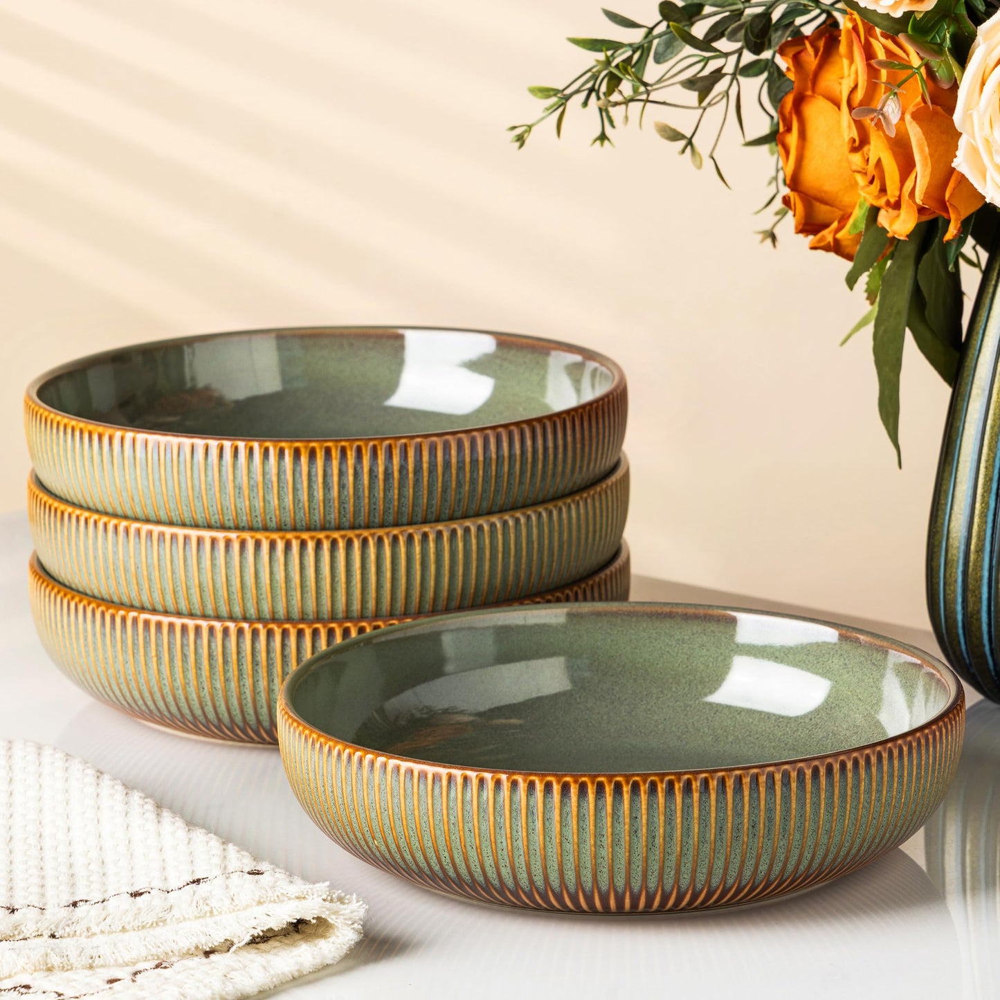 8.5" Ceramic Pasta Bowls Set of 4, Salad Bowls | Versatile Serving Bowls for Pasta, Salad, Fruit & Noodles, Housewarming & Wedding Gift, Mocha Brown