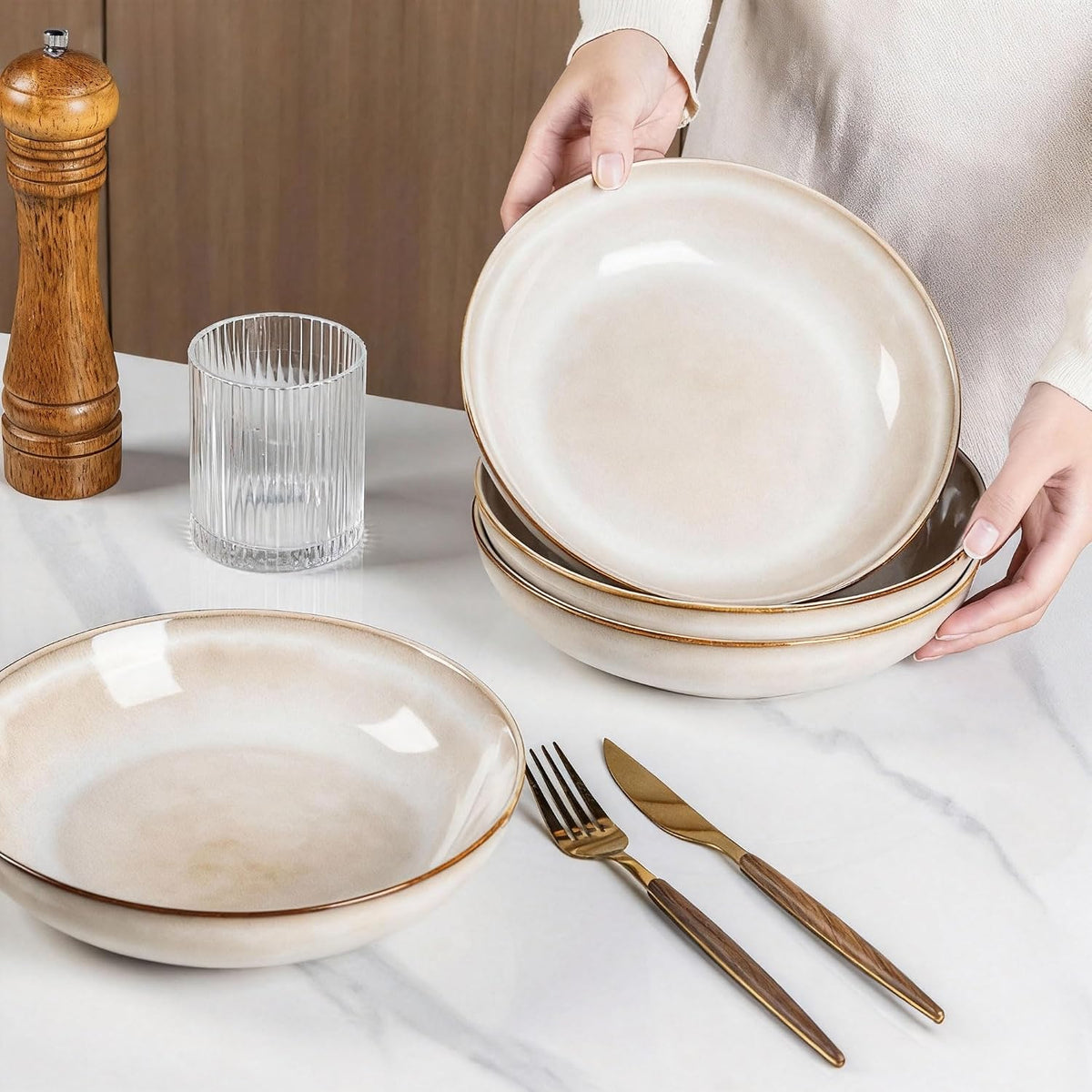 AmorArc 8.5’’ Ceramic Pasta Bowls Set of 4, 36oz Large Stoneware Bowls Set | Large Dinner Serving Bowls Set, Wide Bowl Plate for Pasta,Salad, Soup, Microwave Safe, Reactive Glaze-Cappuccino