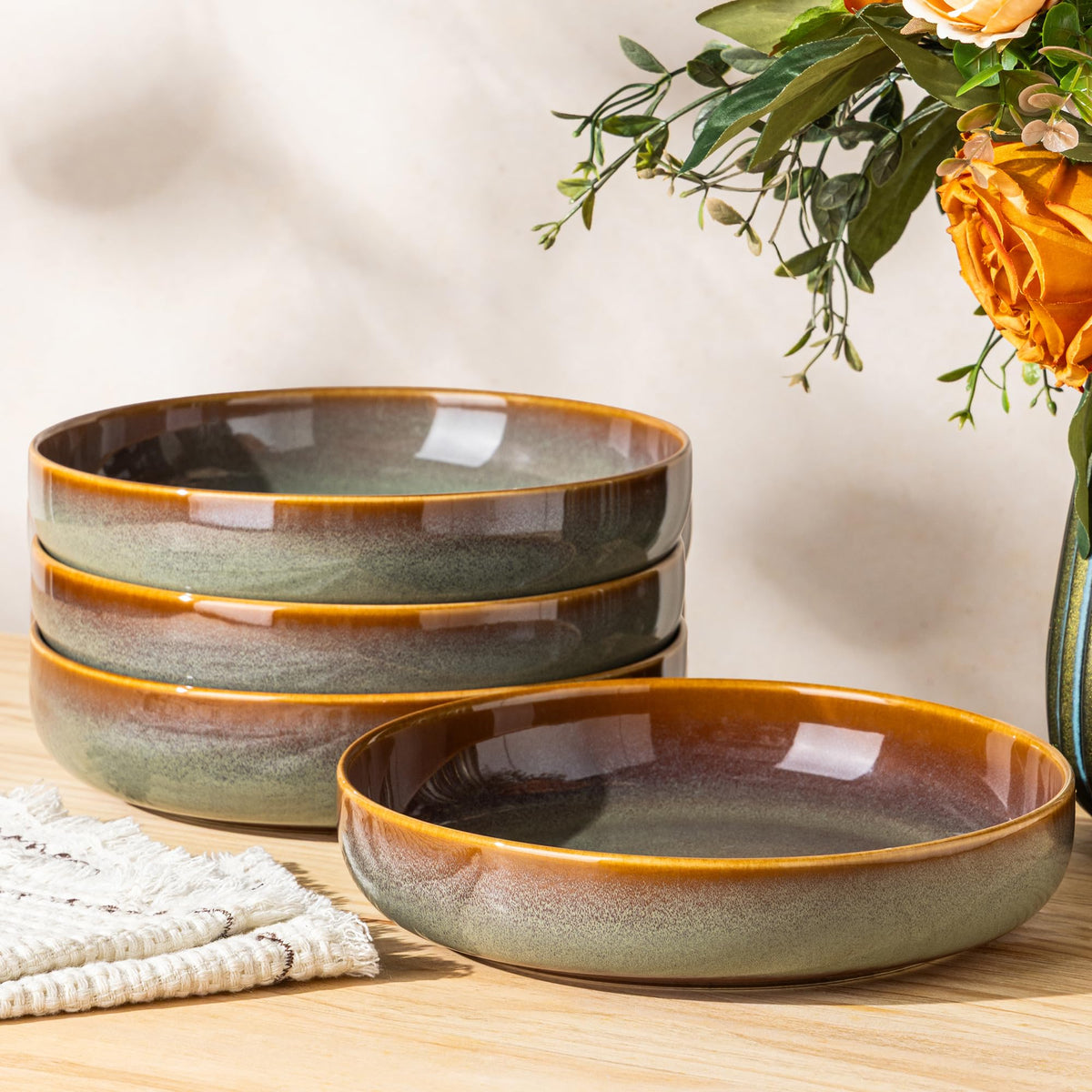8.5" Ceramic Pasta Bowls Set of 4, Salad Bowls | Versatile Serving Bowls for Pasta, Salad, Fruit & Noodles, Housewarming & Wedding Gift, Mocha Brown