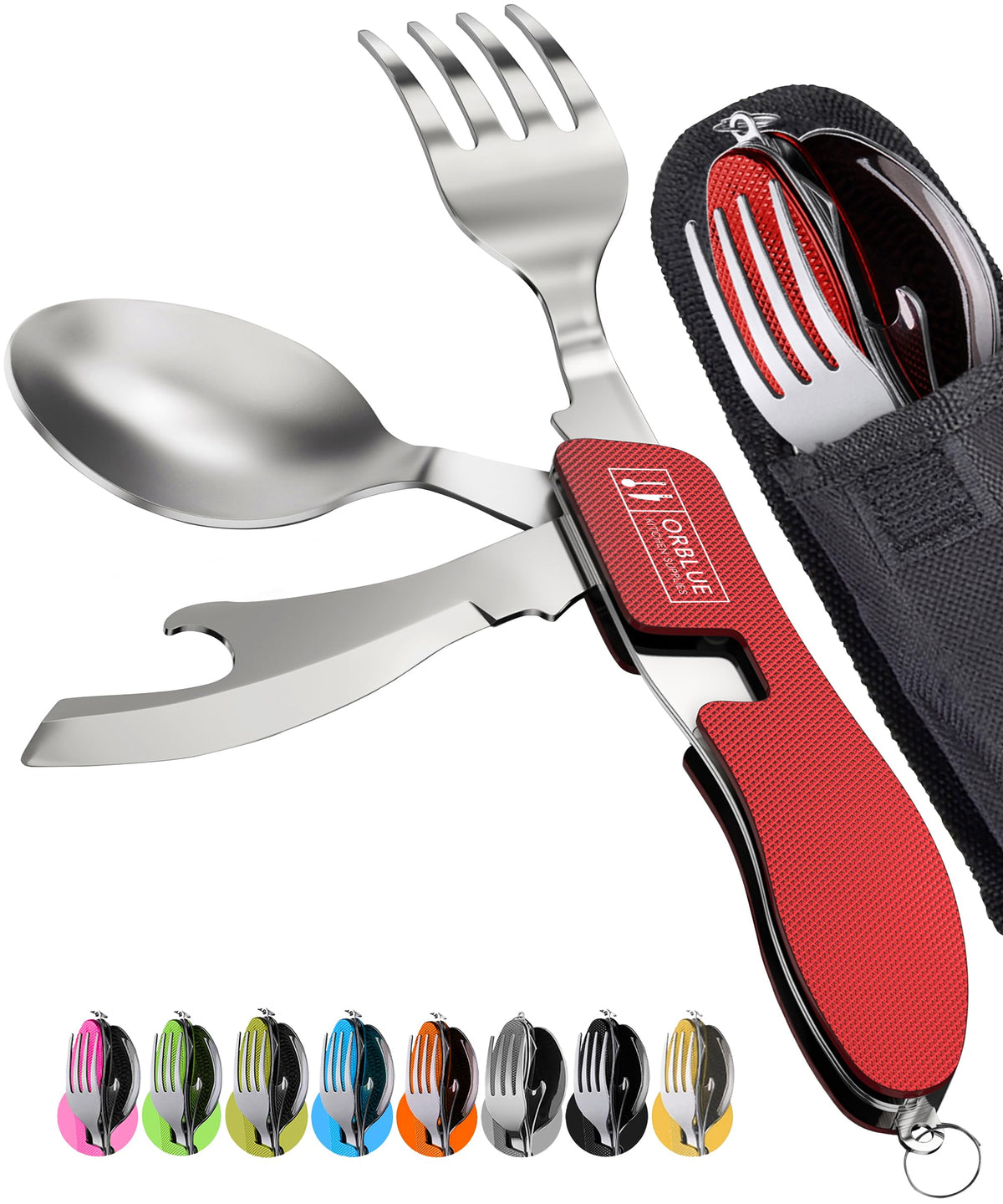 Orblue 4-in-1 Camping Utensils, 1-Pack, Portable Stainless Steel Spoon, Fork, Knife & Bottle Opener Combo Set - Travel, Backpacking Cutlery Multitool Olive Green