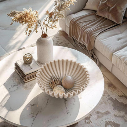 Large Decorative Bowl, Modern Handicraft Bowls for Home Decor, Fruit Bowl for Kitchen Counter, Ruffle Decor, Stylish Key Bowl for Entry Table, Artificial Stone Beige
