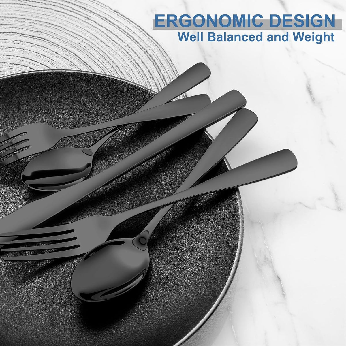 BEWOS 20 Piece silverware set - Service for 4, Black Stainless Steel Silverware Set with Mirror Polishing, Including Knives, Forks and Spoons, Dishwasher Safe, Flatware Set Suitable for Home Kitchens