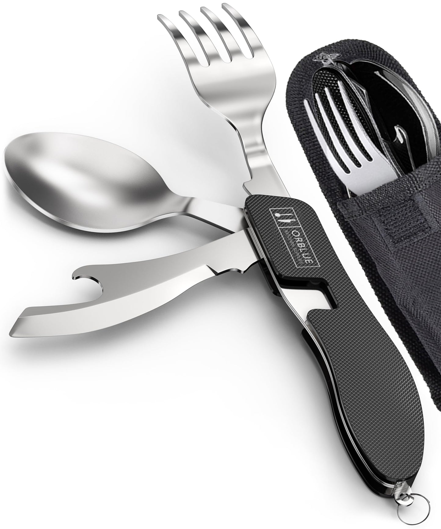 Orblue 4-in-1 Camping Utensils, 1-Pack, Portable Stainless Steel Spoon, Fork, Knife & Bottle Opener Combo Set - Travel, Backpacking Cutlery Multitool Olive Green